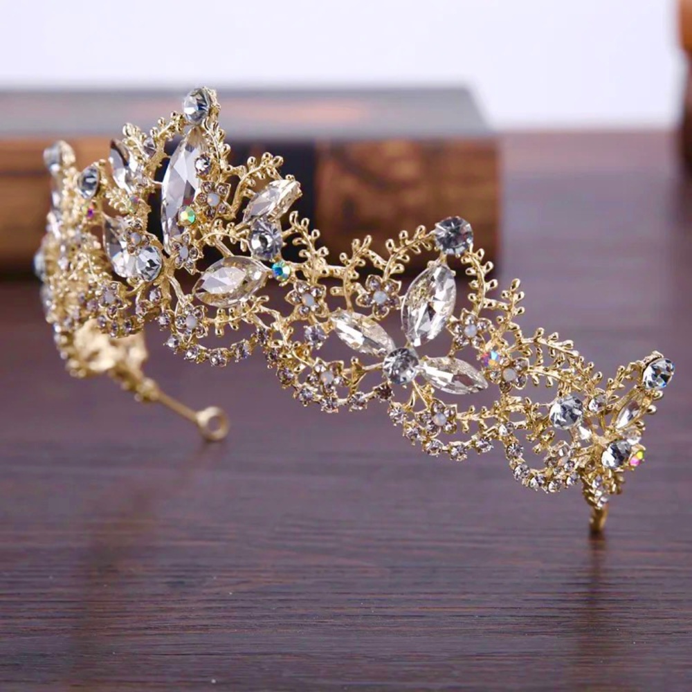 Gold Crystal Rhinestone Embellished Wedding Crown - Picture 7 of 8
